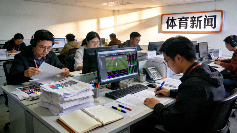 体育新闻编辑室中记者整理赛事资讯与战报内容